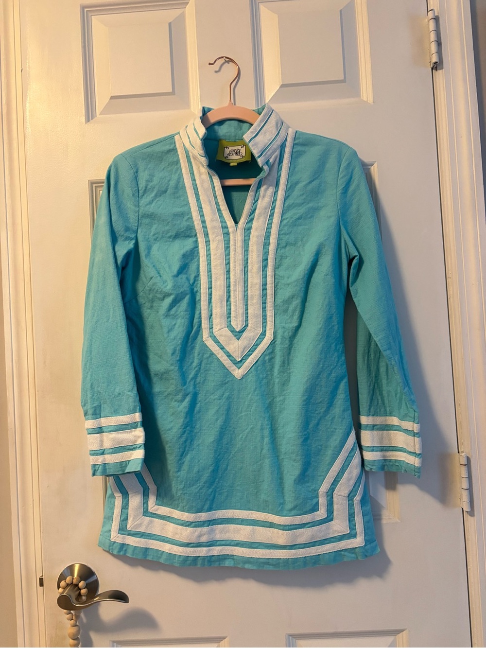 Elizabeth McKay Turquoise Tunic Top with White Trim